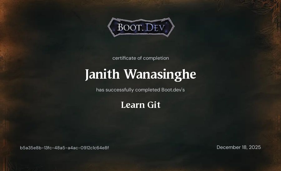 Janith Wanasinghe's Boot.dev Learn Git certificate