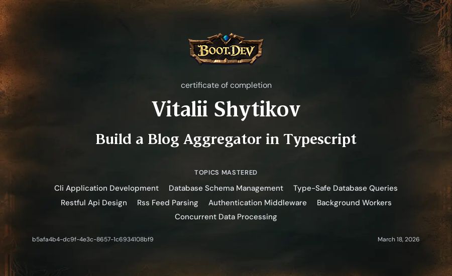 Vitalii Shytikov's Boot.dev Build a Blog Aggregator in TypeScript certificate