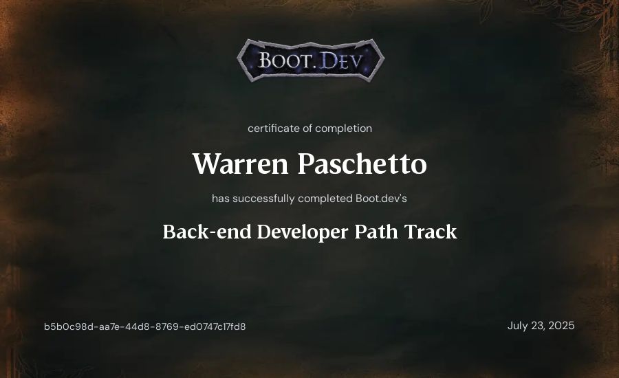 Warren Paschetto's Boot.dev Backend Developer Path certificate