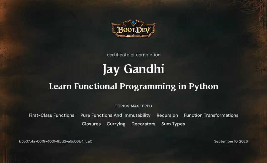 Jay Gandhi's Boot.dev Learn Functional Programming in Python certificate