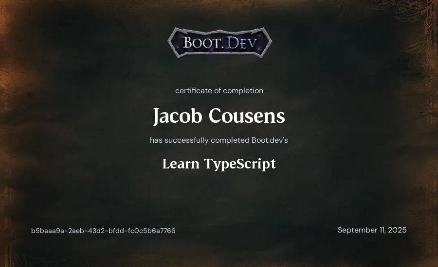 Jacob Cousens's Boot.dev Learn TypeScript certificate