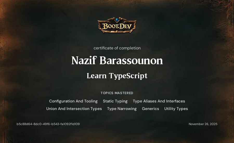 Nazif Barassounon's Boot.dev Learn TypeScript certificate