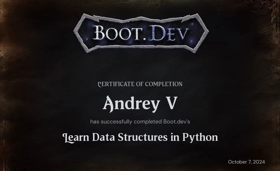 m's Boot.dev Learn Data Structures and Algorithms in Python certificate