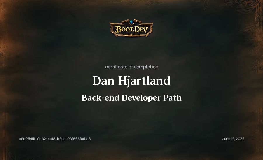Dan Hjartland's Boot.dev Back-end Developer Path certificate