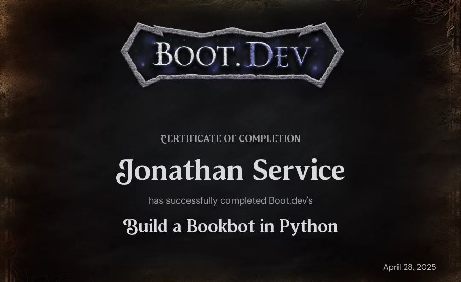 Jonathan Service's Boot.dev Build a BookBot in Python certificate