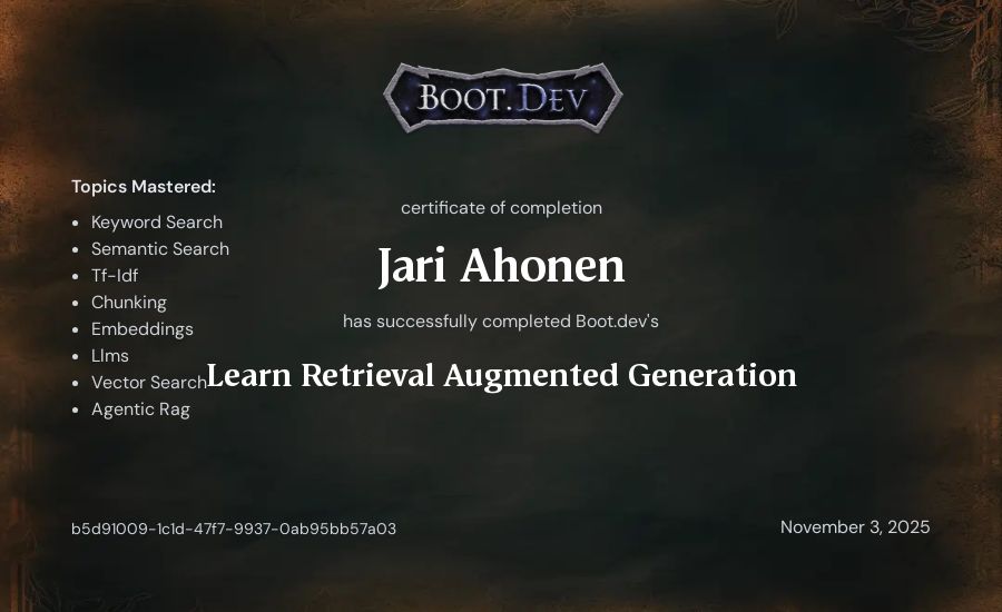 Jari Ahonen's Boot.dev Learn Retrieval Augmented Generation certificate