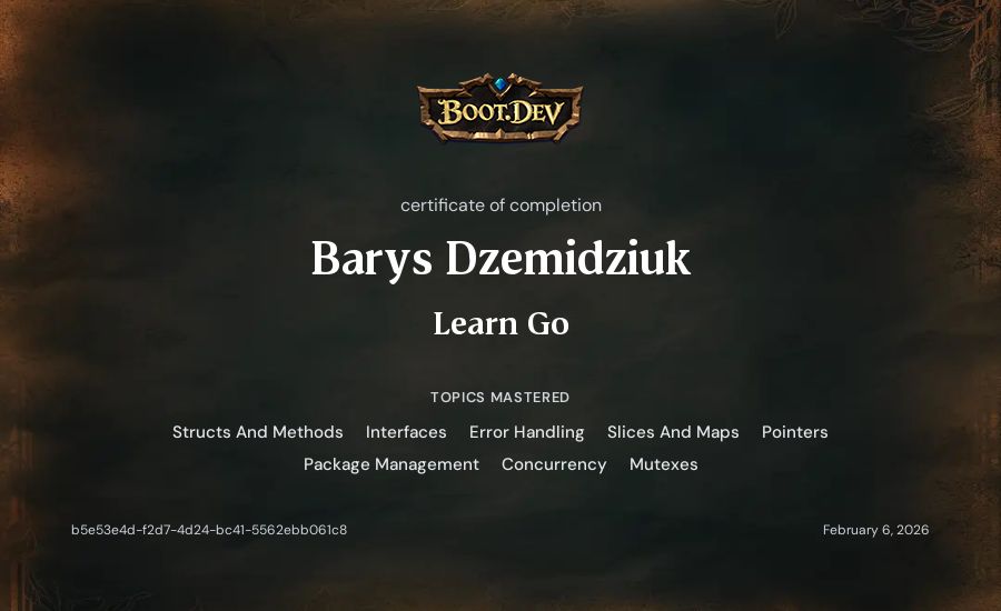 Barys Dzemidziuk's Boot.dev Learn Go certificate