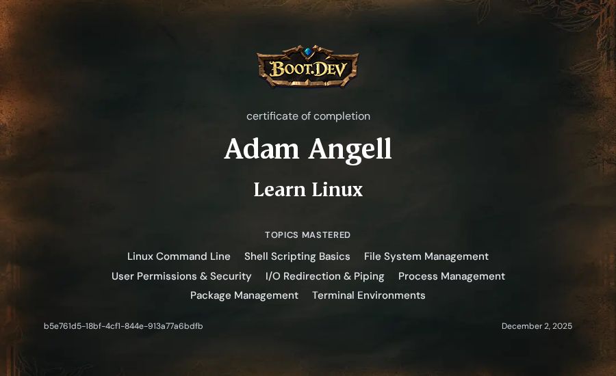 Adam Angell's Boot.dev Learn Linux certificate