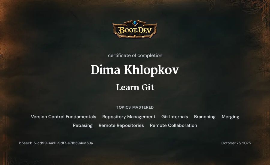 Dima Khlopkov's Boot.dev Learn Git certificate