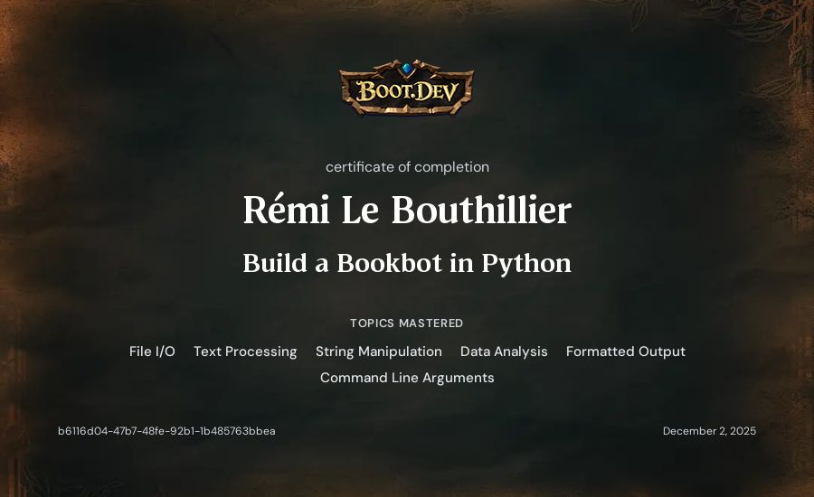 Rémi Le Bouthillier's Boot.dev Build a BookBot in Python certificate