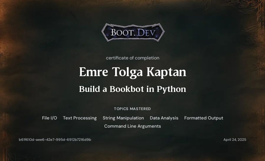 Emre Tolga Kaptan's Boot.dev Build a BookBot in Python certificate