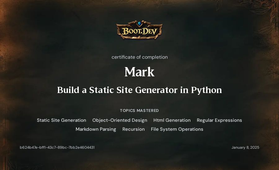Mark's Boot.dev Build a Static Site Generator in Python certificate