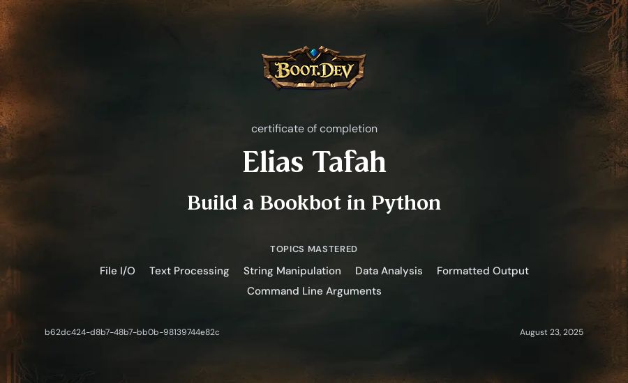 Elias Tafah's Boot.dev Build a BookBot in Python certificate