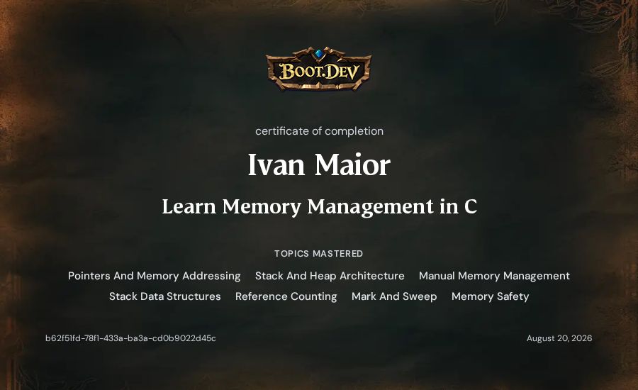 Ivan Maior's Boot.dev Learn Memory Management in C certificate