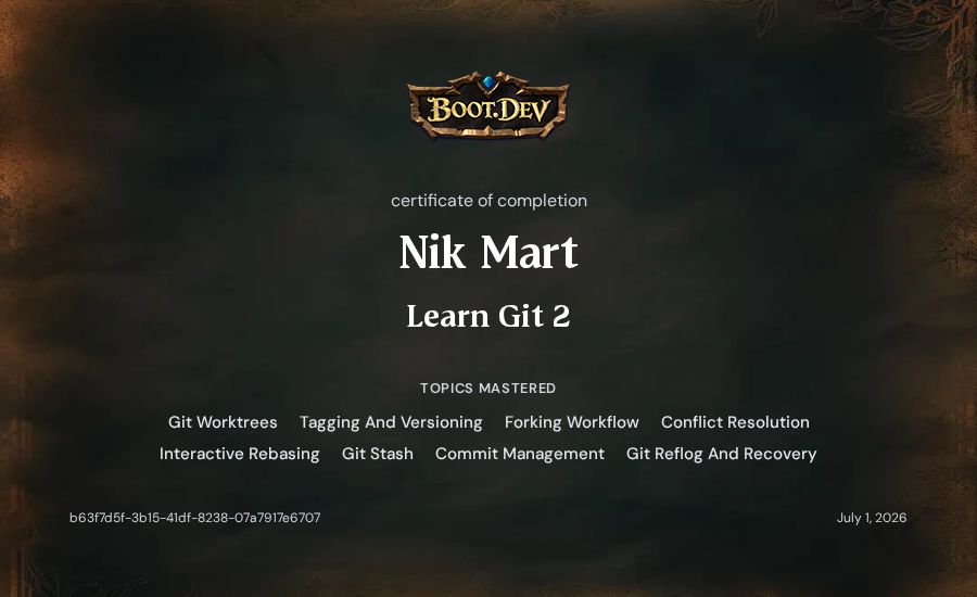 Nik Mart's Boot.dev Learn Git 2 certificate
