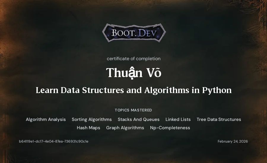 Thuận Võ's Boot.dev Learn Data Structures and Algorithms in Python certificate