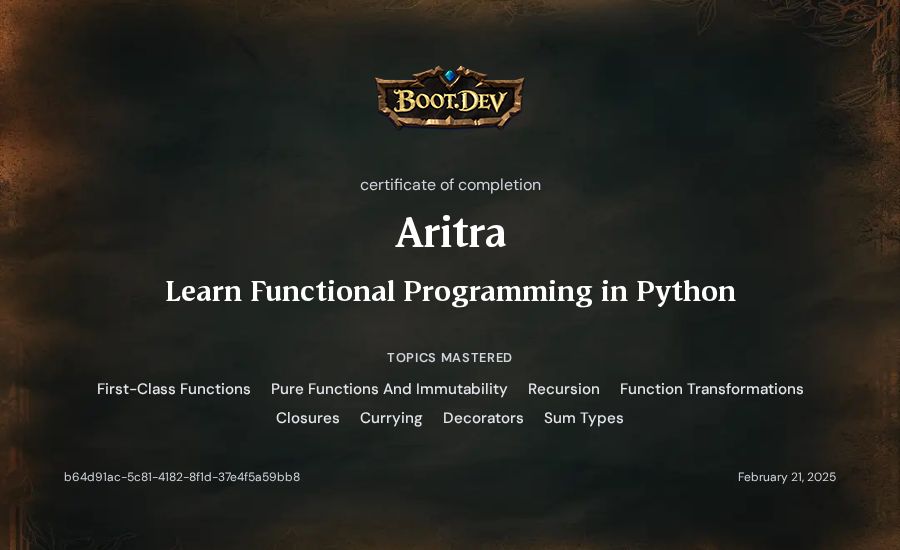 Aritra's Boot.dev Learn Functional Programming in Python certificate