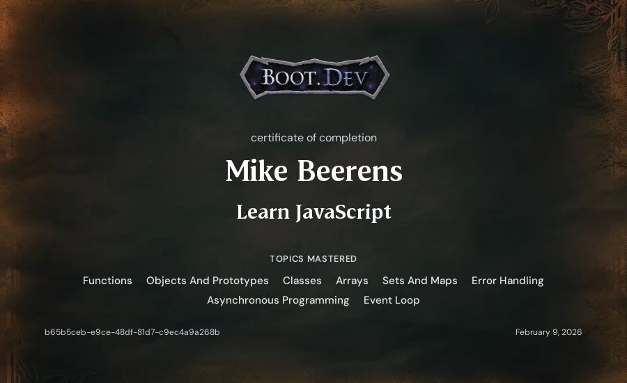 Mike Beerens's Boot.dev Learn JavaScript certificate
