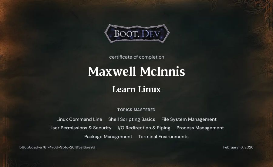 Maxwell McInnis's Boot.dev Learn Linux certificate