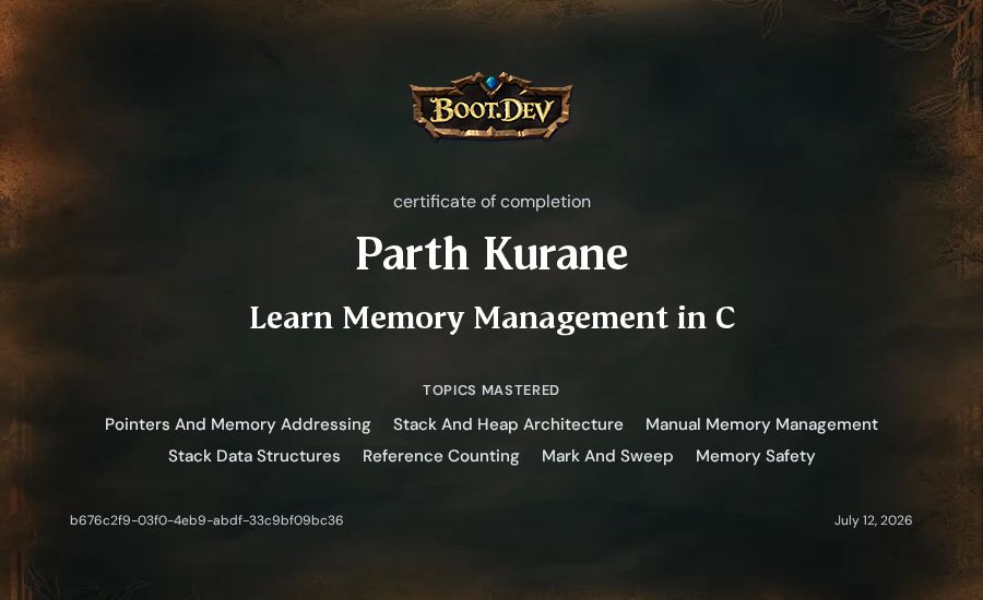 Parth Kurane's Boot.dev Learn Memory Management in C certificate