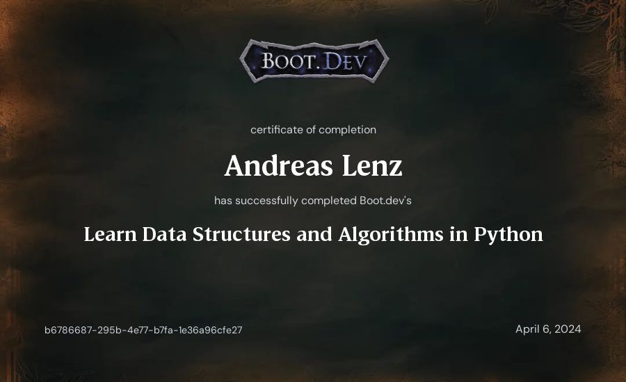 Andreas Lenz's Boot.dev Learn Data Structures and Algorithms in Python certificate