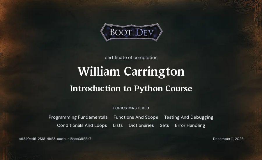 William Carrington's Boot.dev Introduction to Python Course certificate