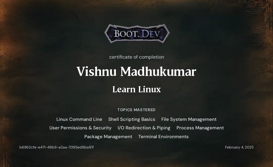 Vishnu Madhukumar's Boot.dev Learn Linux certificate