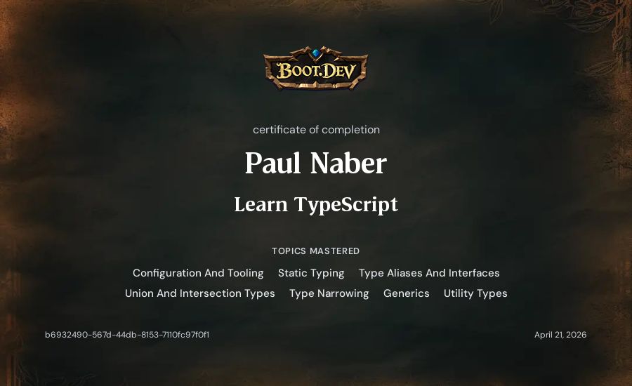 Paul Naber's Boot.dev Learn TypeScript certificate