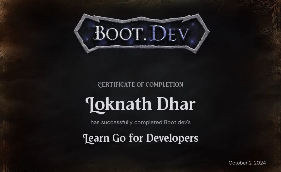 Loknath Dhar's Boot.dev Learn Go certificate