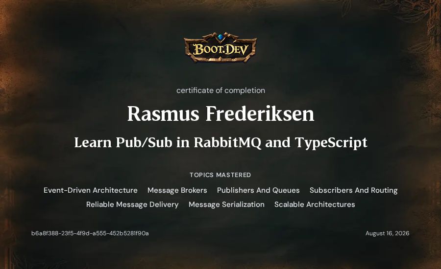 Rasmus Frederiksen's Boot.dev Learn Pub/Sub in RabbitMQ and TypeScript certificate