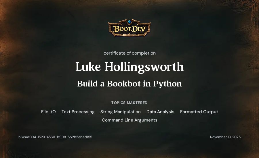 Luke Hollingsworth's Boot.dev Build a BookBot in Python certificate