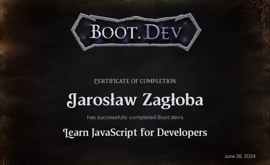 Jarosław Zagłoba's Boot.dev Learn JavaScript certificate