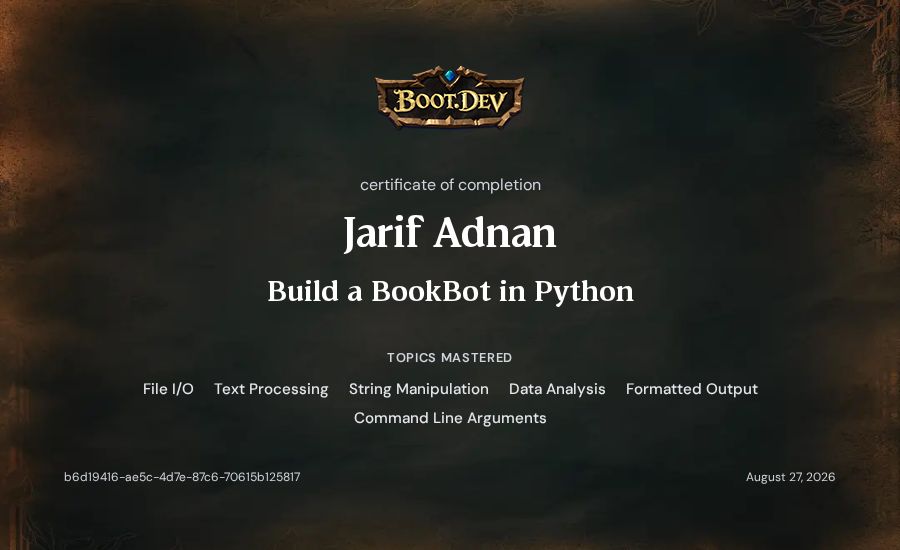 Jarif Adnan's Boot.dev Build a BookBot in Python certificate
