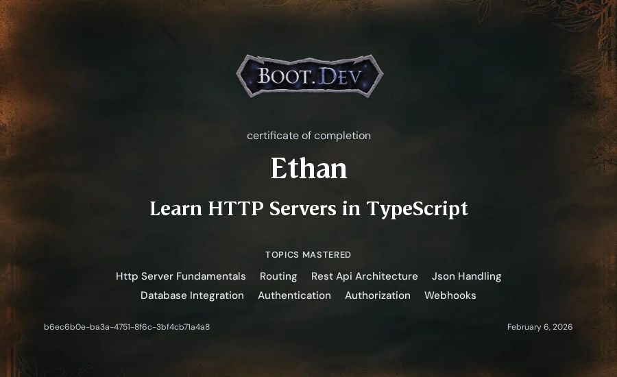 Ethan's Boot.dev Learn HTTP Servers in TypeScript certificate