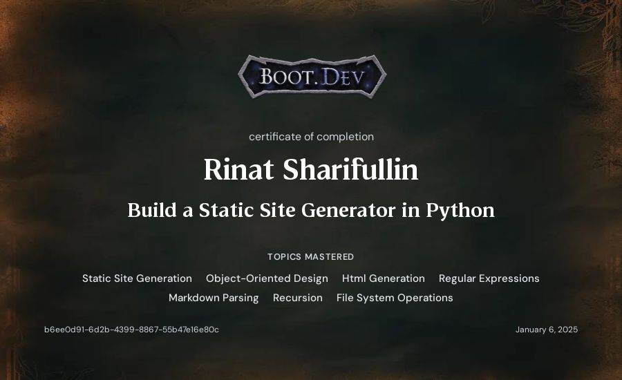 Rinat Sharifullin's Boot.dev Build a Static Site Generator in Python certificate