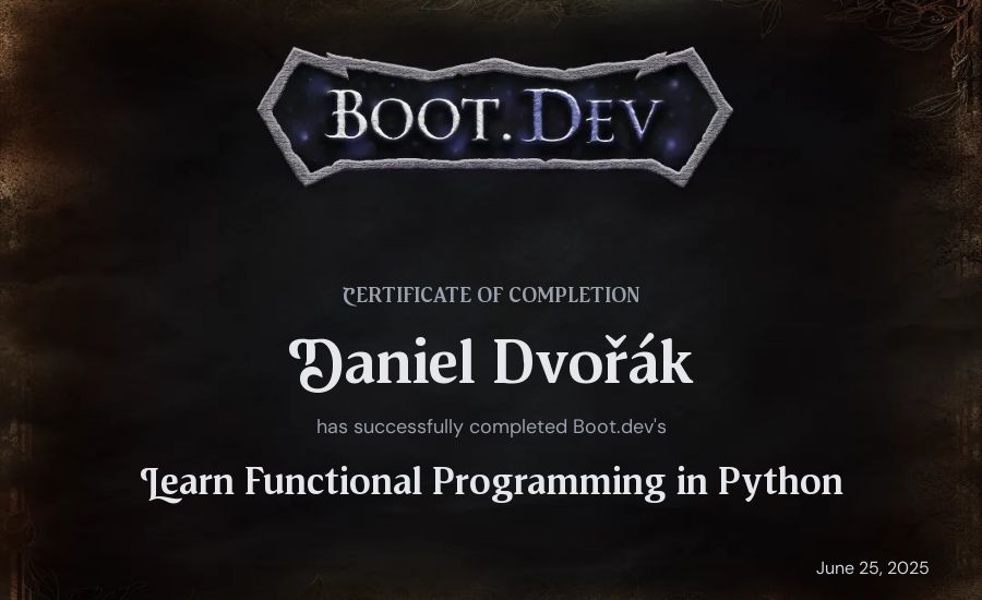 Daniel Dvořák's Boot.dev Learn Functional Programming in Python certificate