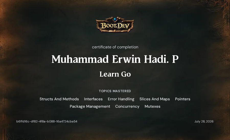 Muhammad Erwin Hadi. P's Boot.dev Learn Go certificate