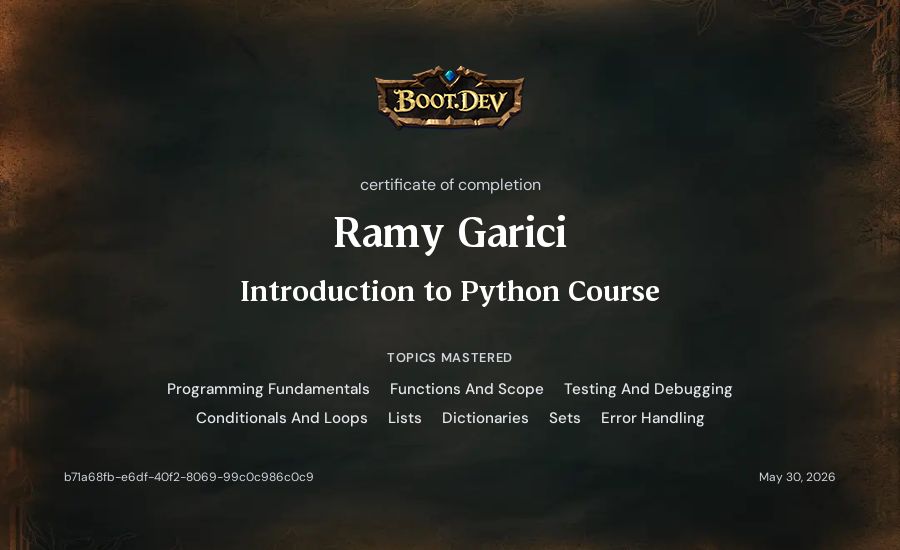 Ramy Garici's Boot.dev Introduction to Python Course certificate