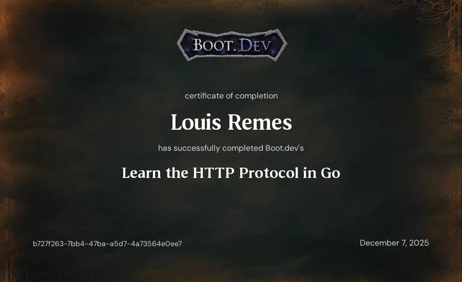 Louis Remes's Boot.dev Learn the HTTP Protocol in Go certificate