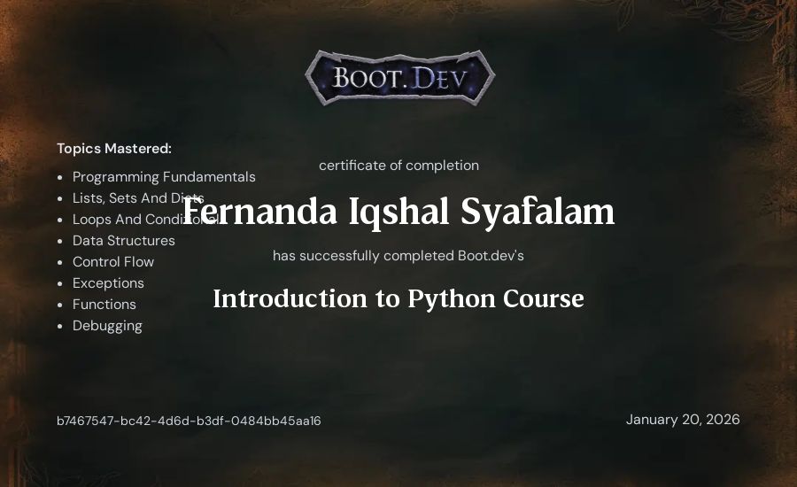 Fernanda's Boot.dev Introduction to Python Course certificate