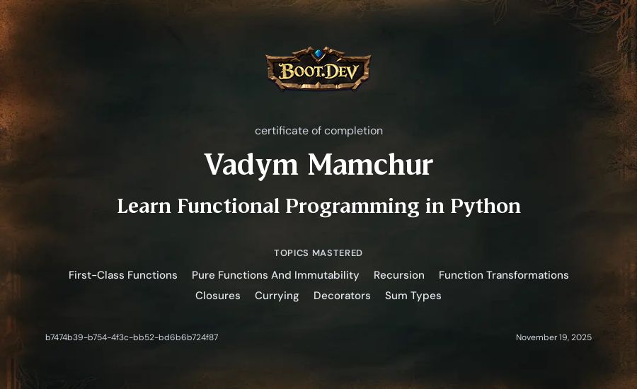 Vadym Mamchur's Boot.dev Learn Functional Programming in Python certificate
