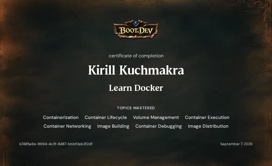 Kirill Kuchmakra's Boot.dev Learn Docker certificate