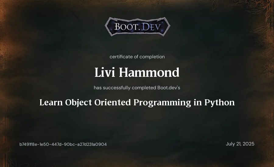 Livi Hammond's Boot.dev Learn Object Oriented Programming in Python certificate