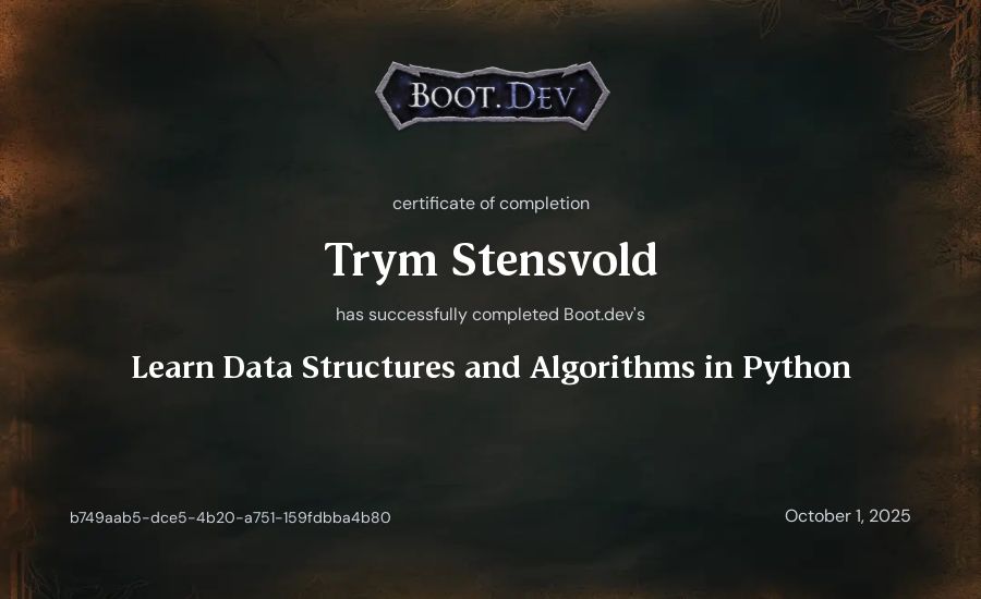 Trym Stensvold's Boot.dev Learn Data Structures and Algorithms in Python certificate