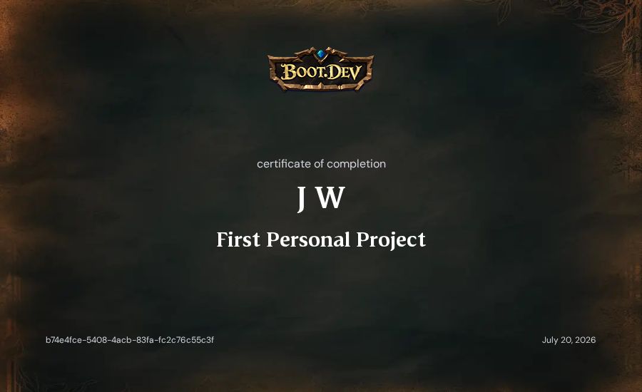 J W's Boot.dev First Personal Project certificate