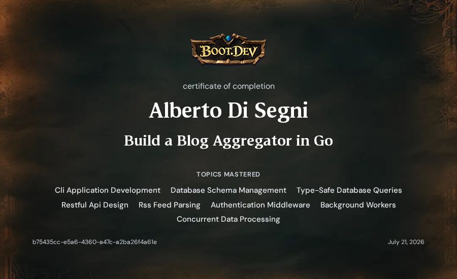 Alberto Di Segni's Boot.dev Build a Blog Aggregator in Go certificate