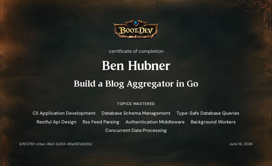 Ben Hubner's Boot.dev Build a Blog Aggregator in Go certificate