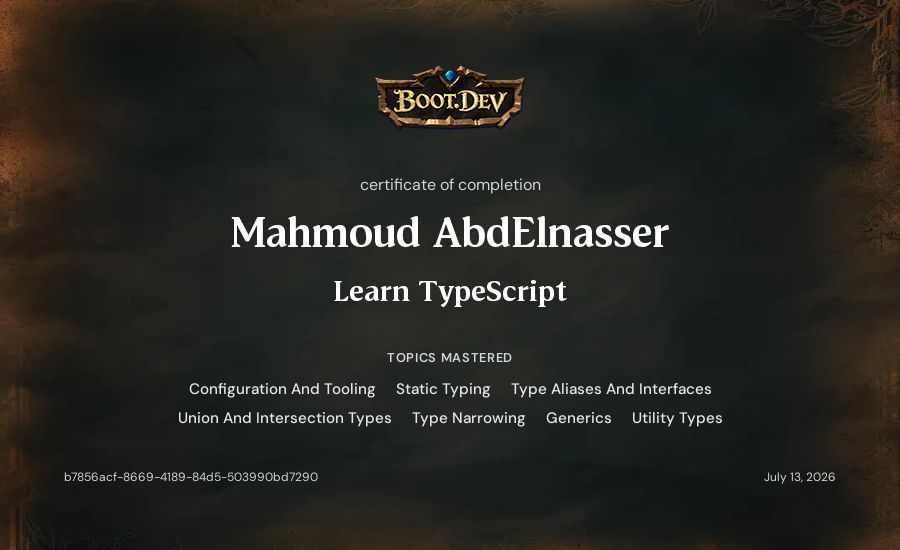Mahmoud AbdElnasser's Boot.dev Learn TypeScript certificate