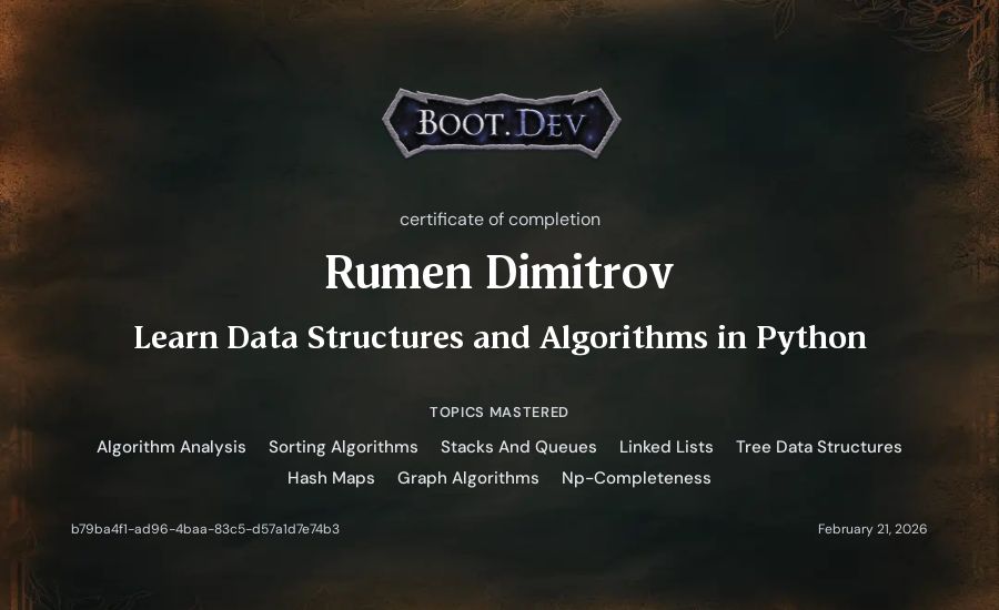 Rumen Dimitrov's Boot.dev Learn Data Structures and Algorithms in Python certificate