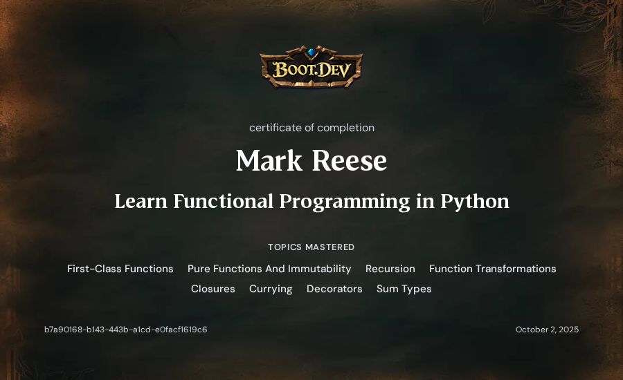 Mark Reese's Boot.dev Learn Functional Programming in Python certificate